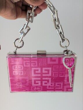 Upcycled Acrylic Box Clutch with Silver Chain and Key Accent